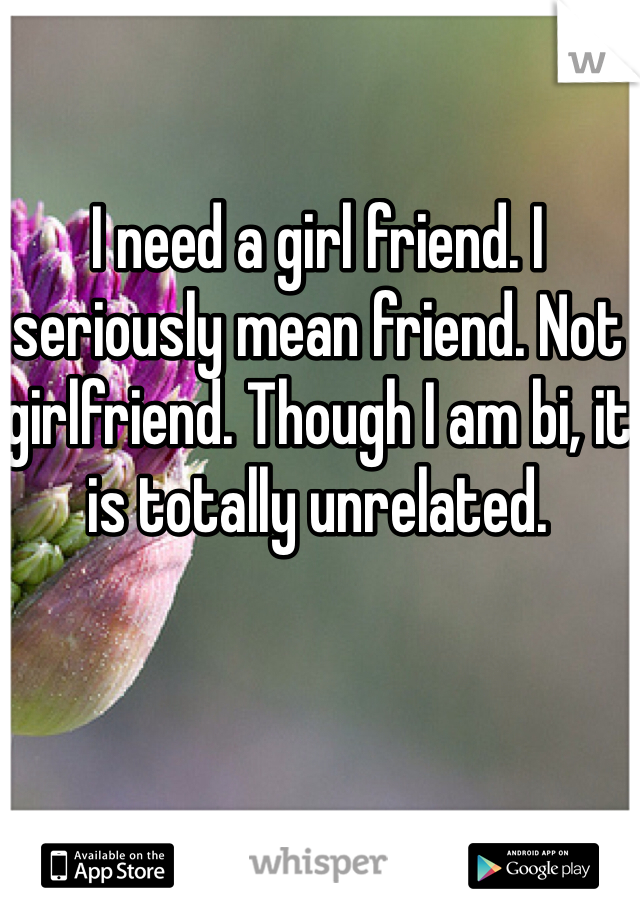 I need a girl friend. I seriously mean friend. Not girlfriend. Though I am bi, it is totally unrelated.
