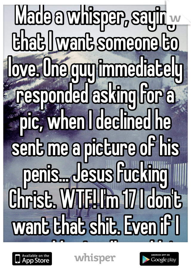 Made a whisper, saying that I want someone to love. One guy immediately responded asking for a pic, when I declined he sent me a picture of his penis... Jesus fucking Christ. WTF! I'm 17 I don't want that shit. Even if I was older I still wouldn't 