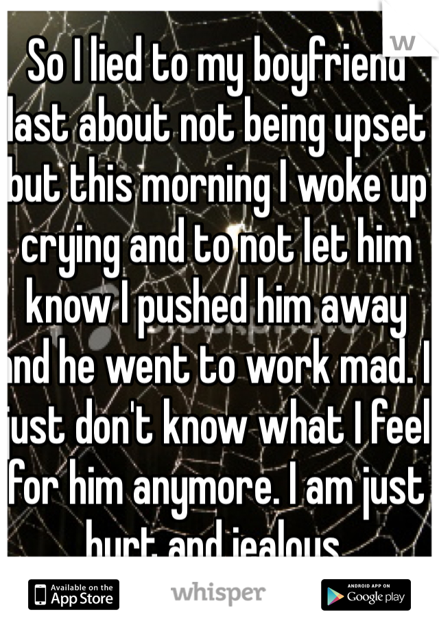 So I lied to my boyfriend last about not being upset but this morning I woke up crying and to not let him know I pushed him away and he went to work mad. I just don't know what I feel for him anymore. I am just hurt and jealous. 