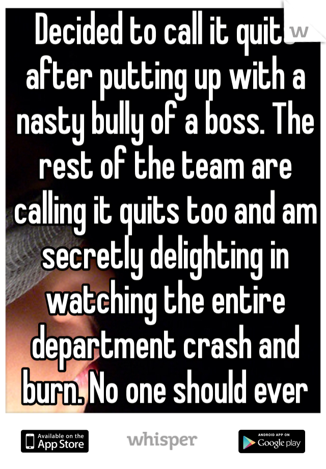 Decided to call it quits after putting up with a nasty bully of a boss. The rest of the team are calling it quits too and am secretly delighting in watching the entire department crash and burn. No one should ever put up with bullies