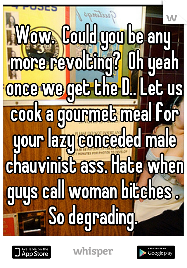 Wow.  Could you be any more revolting?  Oh yeah once we get the D.. Let us cook a gourmet meal for your lazy conceded male chauvinist ass. Hate when guys call woman bitches .  So degrading. 
