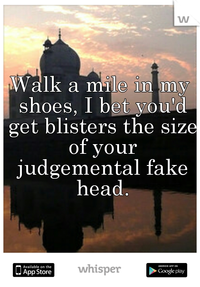Walk a mile in my shoes, I bet you'd get blisters the size of your judgemental fake head.