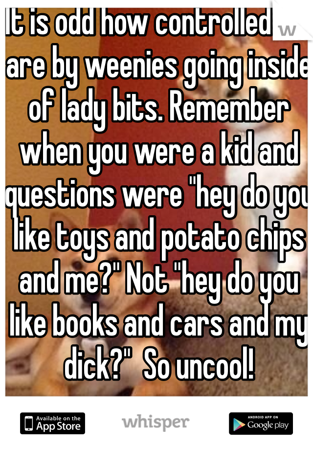 It is odd how controlled we are by weenies going inside of lady bits. Remember when you were a kid and questions were "hey do you like toys and potato chips and me?" Not "hey do you like books and cars and my dick?"  So uncool! 