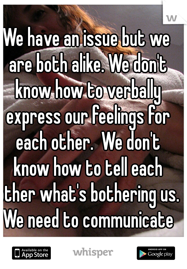 We have an issue but we are both alike. We don't know how to verbally express our feelings for each other.  We don't know how to tell each other what's bothering us. We need to communicate