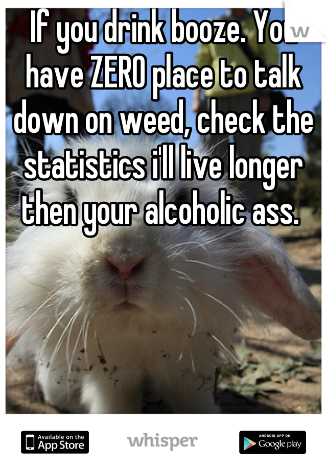If you drink booze. You have ZERO place to talk down on weed, check the statistics i'll live longer then your alcoholic ass. 