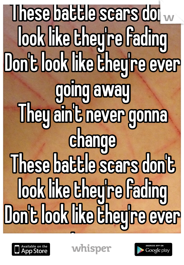 These battle scars don't look like they're fading
Don't look like they're ever going away
They ain't never gonna change
These battle scars don't look like they're fading
Don't look like they're ever going away
They ain't never gonna change
These battle...
