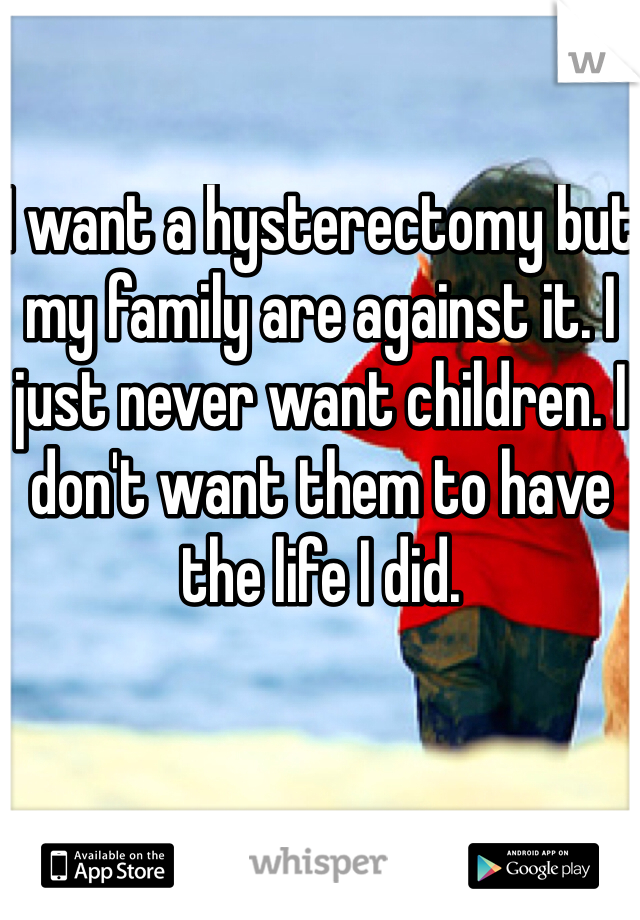 I want a hysterectomy but my family are against it. I just never want children. I don't want them to have the life I did. 