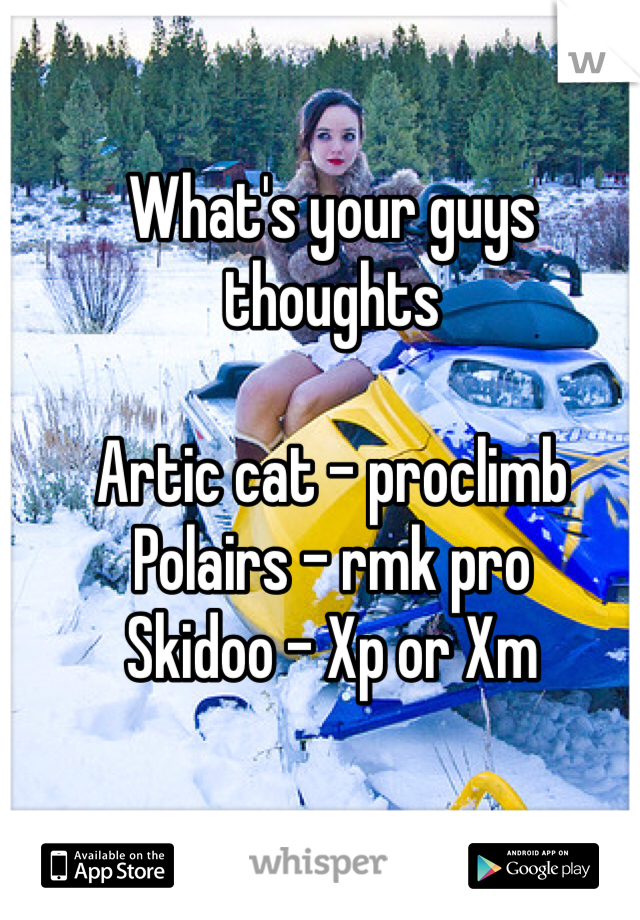 What's your guys thoughts 

Artic cat - proclimb
Polairs - rmk pro
Skidoo - Xp or Xm

