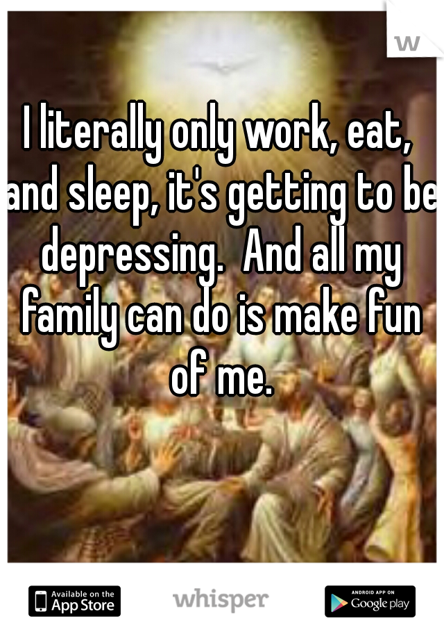 I literally only work, eat, and sleep, it's getting to be depressing.  And all my family can do is make fun of me.