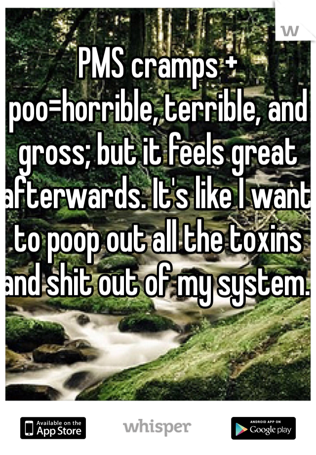PMS cramps + poo=horrible, terrible, and gross; but it feels great afterwards. It's like I want to poop out all the toxins and shit out of my system. 