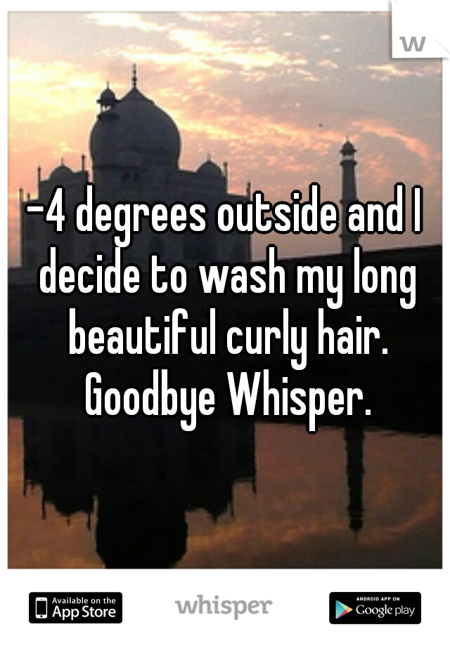 -4 degrees outside and I decide to wash my long beautiful curly hair. Goodbye Whisper.
