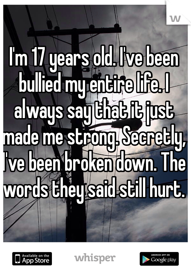 I'm 17 years old. I've been bullied my entire life. I always say that it just made me strong. Secretly, I've been broken down. The words they said still hurt.