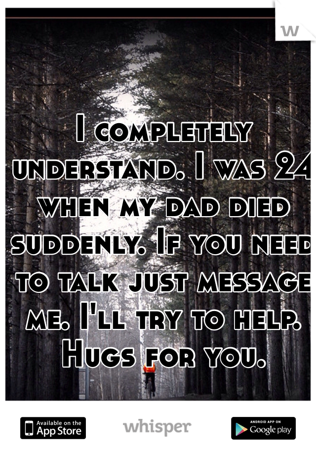 I completely understand. I was 24 when my dad died suddenly. If you need to talk just message me. I'll try to help. Hugs for you. 