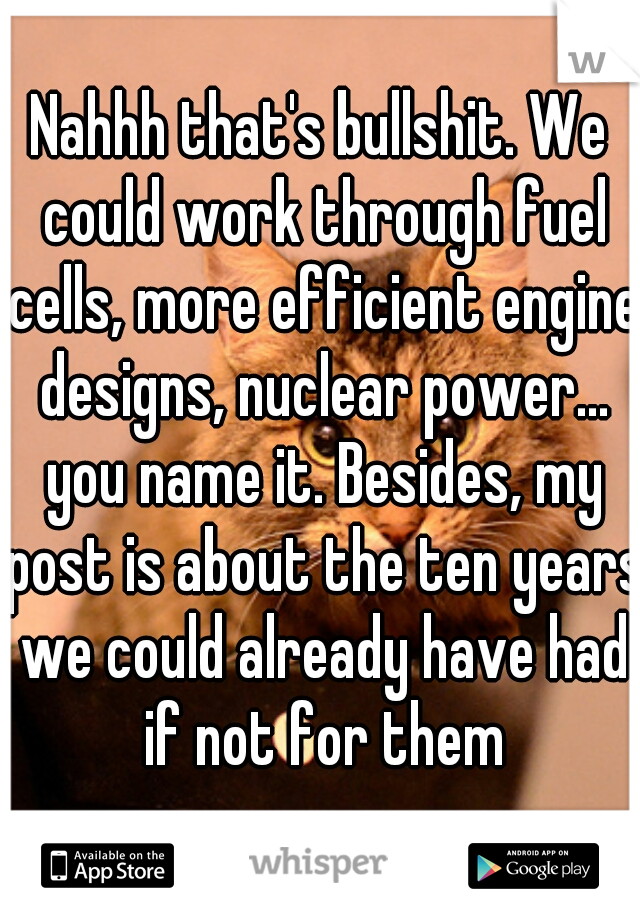 Nahhh that's bullshit. We could work through fuel cells, more efficient engine designs, nuclear power... you name it. Besides, my post is about the ten years we could already have had if not for them