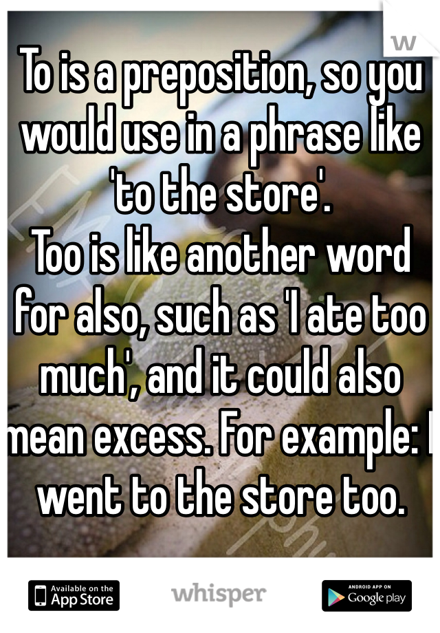 To is a preposition, so you would use in a phrase like 'to the store'.
Too is like another word for also, such as 'I ate too much', and it could also mean excess. For example: I went to the store too.