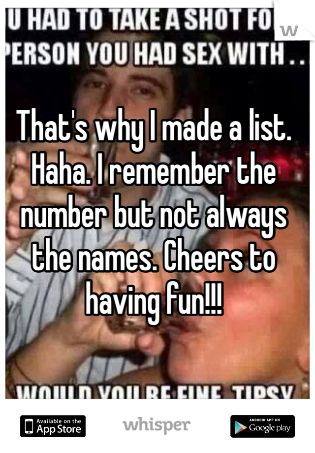 That's why I made a list. Haha. I remember the number but not always the names. Cheers to having fun!!!