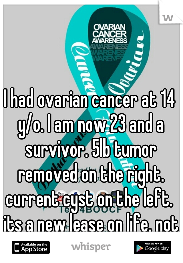 I had ovarian cancer at 14 y/o. I am now 23 and a survivor. 5lb tumor removed on the right. current cyst on the left.  its a new lease on life, not the beginning of the end