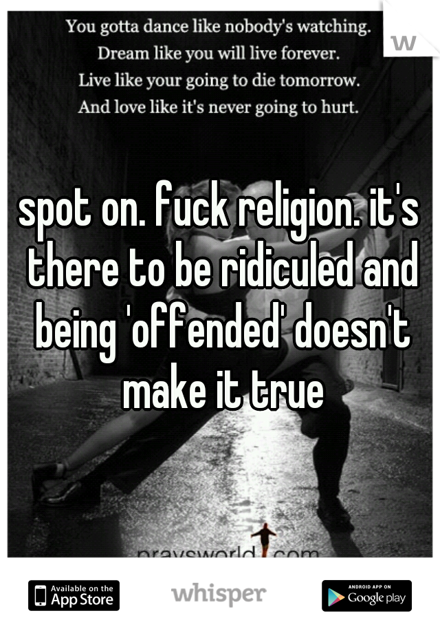 spot on. fuck religion. it's there to be ridiculed and being 'offended' doesn't make it true
