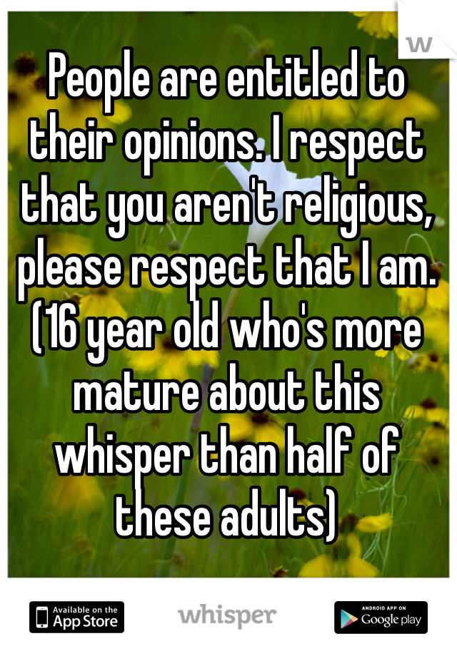 People are entitled to their opinions. I respect that you aren't religious, please respect that I am. 
(16 year old who's more mature about this whisper than half of these adults)