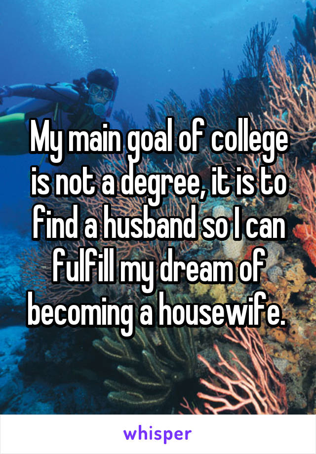 My main goal of college is not a degree, it is to find a husband so I can fulfill my dream of becoming a housewife. 