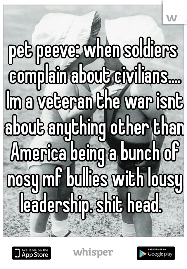 pet peeve: when soldiers complain about civilians.... Im a veteran the war isnt about anything other than America being a bunch of nosy mf bullies with lousy leadership. shit head.  