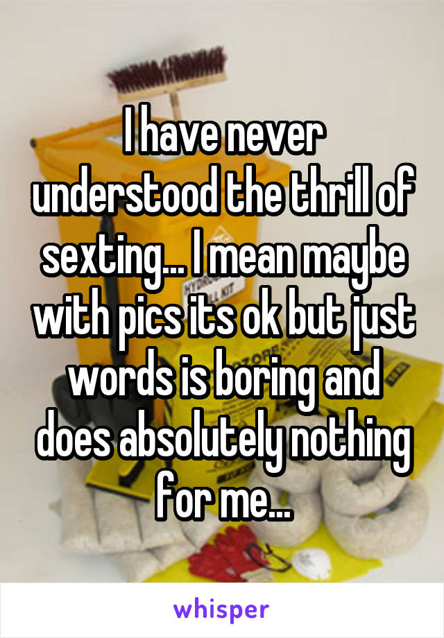 I have never understood the thrill of sexting... I mean maybe with pics its ok but just words is boring and does absolutely nothing for me...