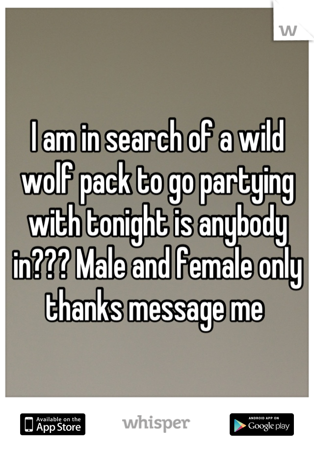 I am in search of a wild wolf pack to go partying with tonight is anybody in??? Male and female only thanks message me 