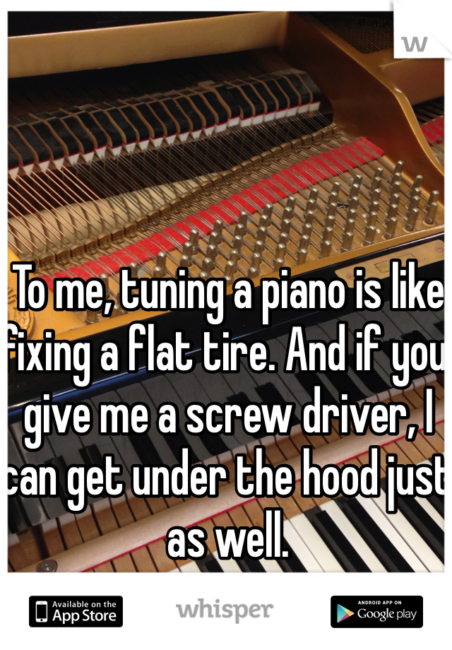 To me, tuning a piano is like fixing a flat tire. And if you give me a screw driver, I can get under the hood just as well.