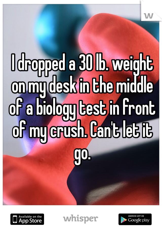 I dropped a 30 lb. weight on my desk in the middle of a biology test in front of my crush. Can't let it go. 