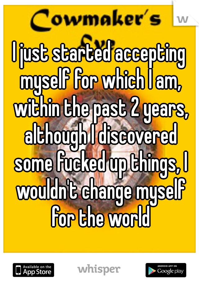 I just started accepting myself for which I am, within the past 2 years, although I discovered some fucked up things, I wouldn't change myself for the world