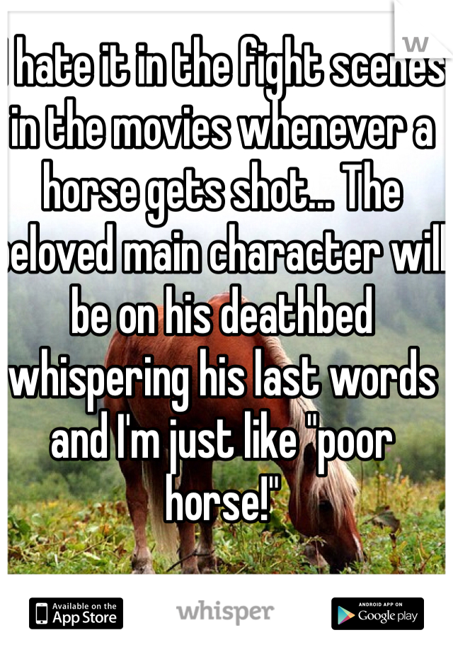 I hate it in the fight scenes in the movies whenever a horse gets shot... The beloved main character will be on his deathbed whispering his last words and I'm just like "poor horse!"