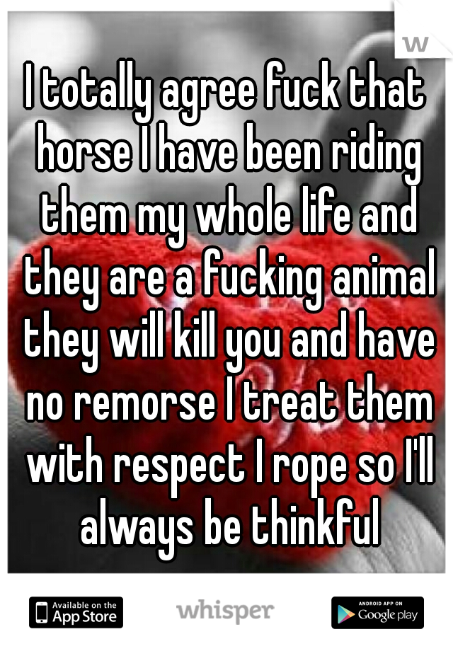 I totally agree fuck that horse I have been riding them my whole life and they are a fucking animal they will kill you and have no remorse I treat them with respect I rope so I'll always be thinkful