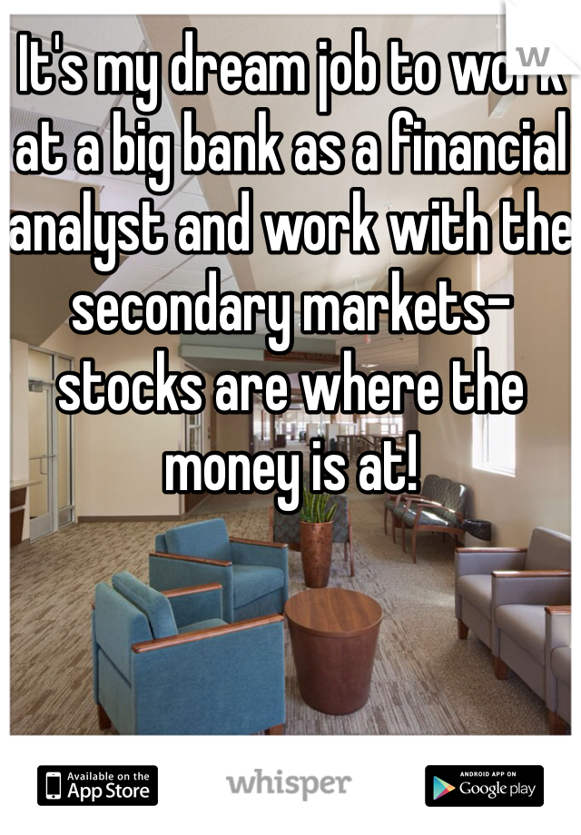It's my dream job to work at a big bank as a financial analyst and work with the secondary markets- stocks are where the money is at! 