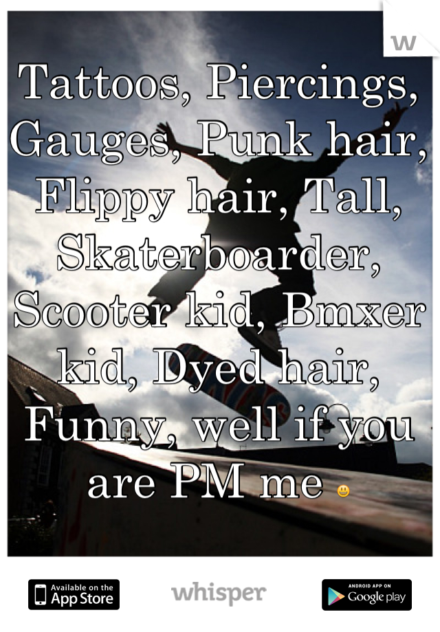 Tattoos, Piercings, Gauges, Punk hair, Flippy hair, Tall, Skaterboarder, Scooter kid, Bmxer kid, Dyed hair, Funny, well if you are PM me 😃