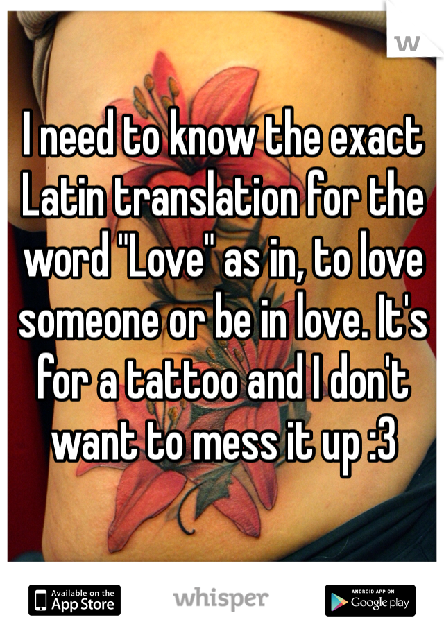 I need to know the exact Latin translation for the word "Love" as in, to love someone or be in love. It's for a tattoo and I don't want to mess it up :3