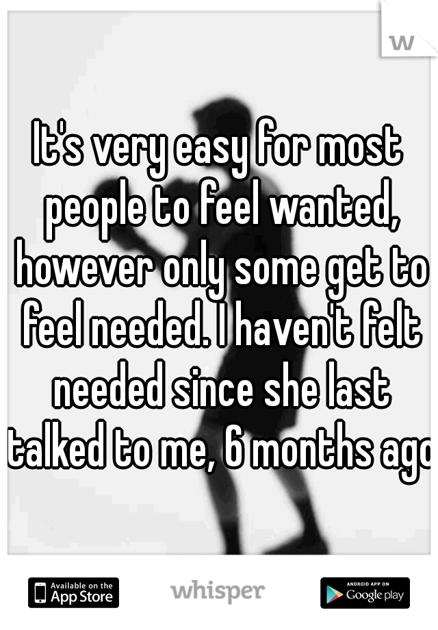 It's very easy for most people to feel wanted, however only some get to feel needed. I haven't felt needed since she last talked to me, 6 months ago.