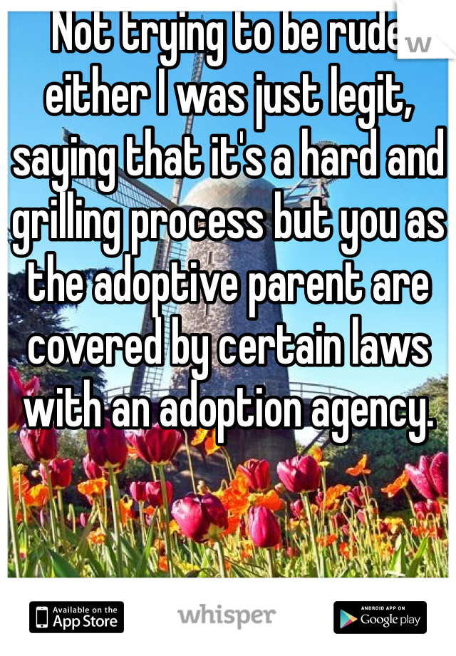 Not trying to be rude either I was just legit, saying that it's a hard and grilling process but you as the adoptive parent are covered by certain laws with an adoption agency. 
