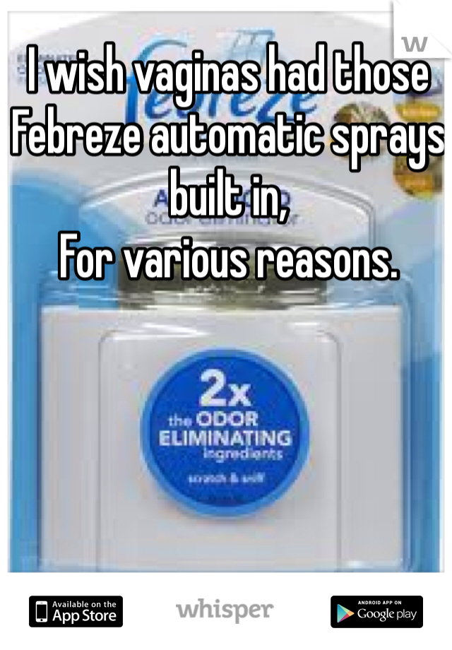 I wish vaginas had those Febreze automatic sprays built in,
For various reasons. 