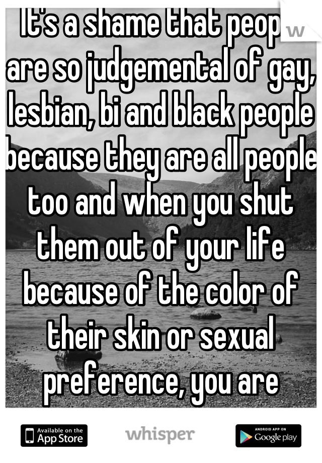 It's a shame that people are so judgemental of gay, lesbian, bi and black people because they are all people too and when you shut them out of your life because of the color of their skin or sexual preference, you are missing out on an opportunity to meet a really neat person.