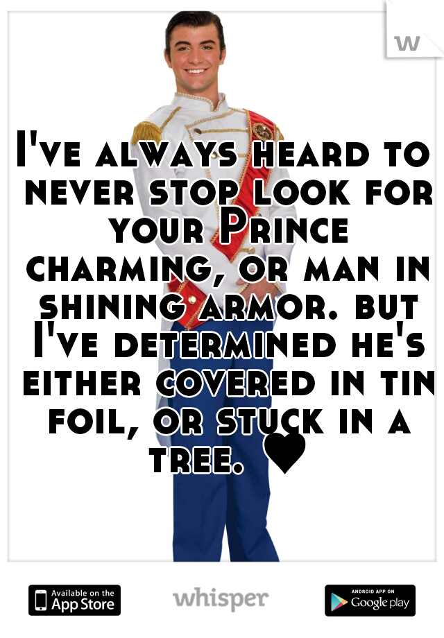 I've always heard to never stop look for your Prince charming, or man in shining armor. but I've determined he's either covered in tin foil, or stuck in a tree. ♥