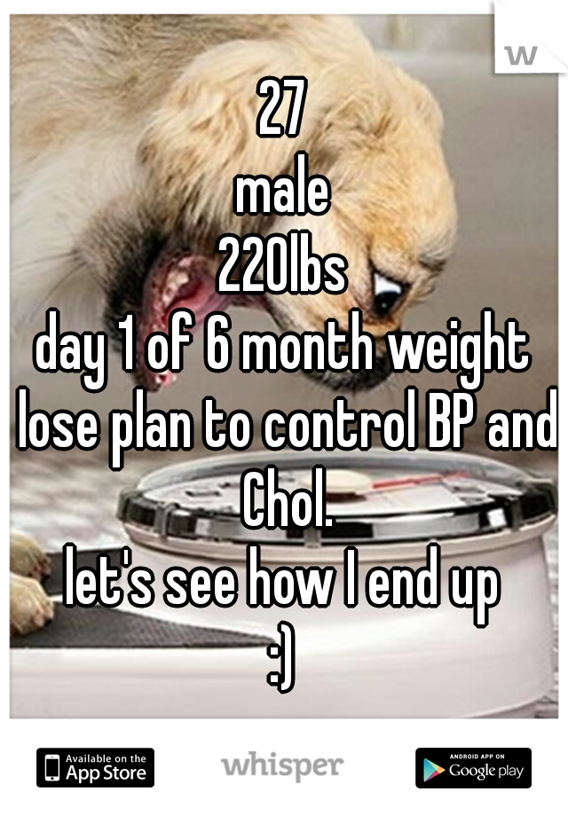 27
male
220lbs
day 1 of 6 month weight lose plan to control BP and Chol.
let's see how I end up
:)