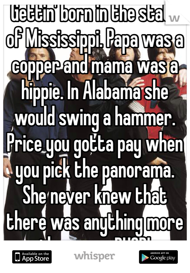 Gettin' born in the state of Mississippi. Papa was a copper and mama was a hippie. In Alabama she would swing a hammer. Price you gotta pay when you pick the panorama. She never knew that there was anything more than poor. RHCP!