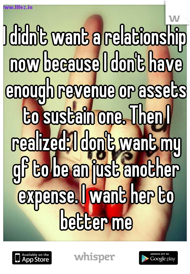 I didn't want a relationship now because I don't have enough revenue or assets to sustain one. Then I realized: I don't want my gf to be an just another expense. I want her to better me