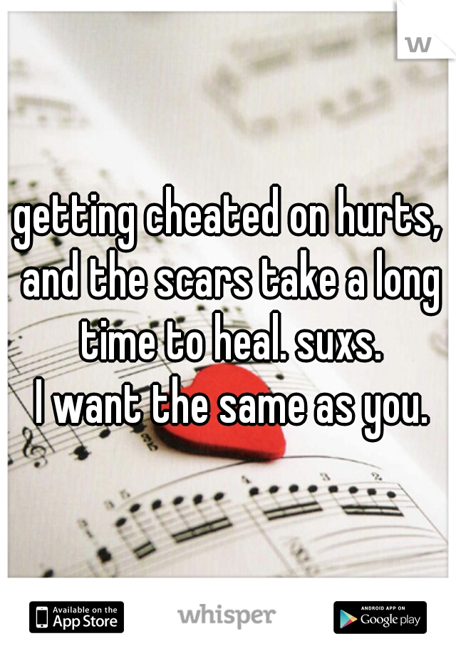getting cheated on hurts, and the scars take a long time to heal. suxs.
 I want the same as you.