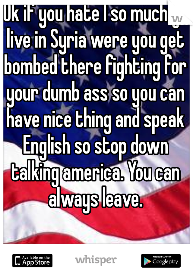 Ok if you hate I so much go live in Syria were you get bombed there fighting for your dumb ass so you can have nice thing and speak English so stop down talking america. You can always leave.