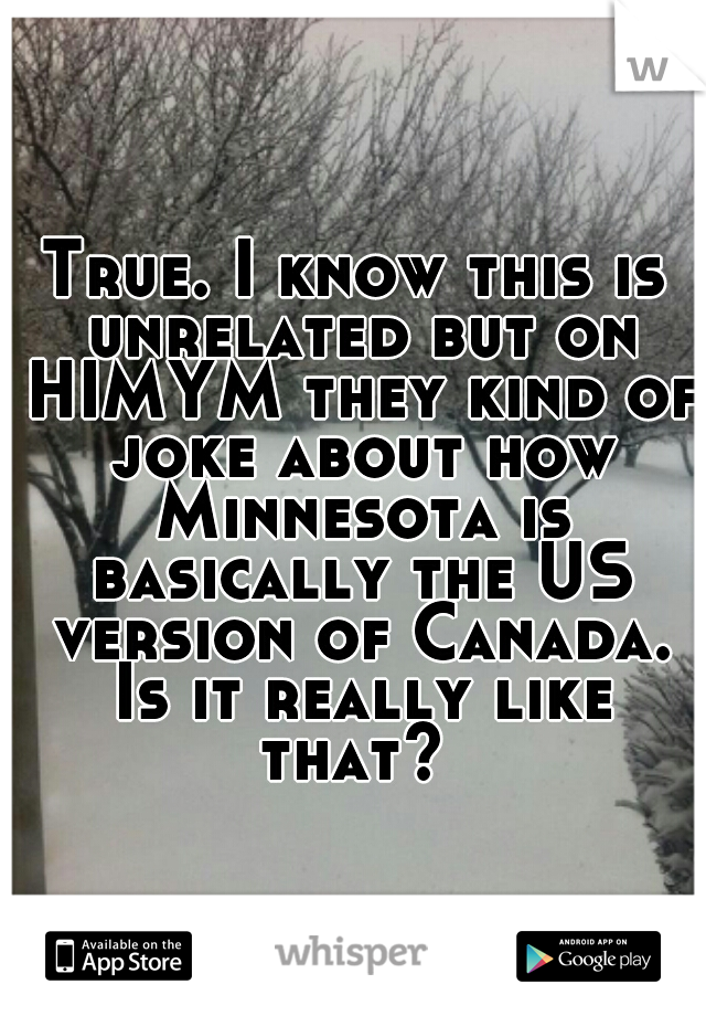 True. I know this is unrelated but on HIMYM they kind of joke about how Minnesota is basically the US version of Canada. Is it really like that? 