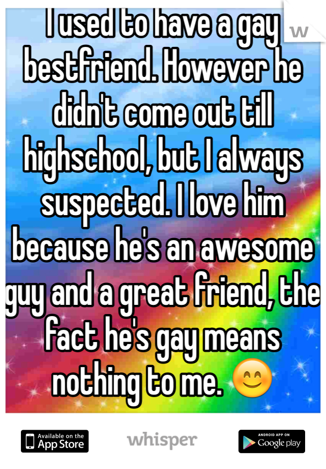 I used to have a gay bestfriend. However he didn't come out till highschool, but I always suspected. I love him because he's an awesome guy and a great friend, the fact he's gay means nothing to me. 😊