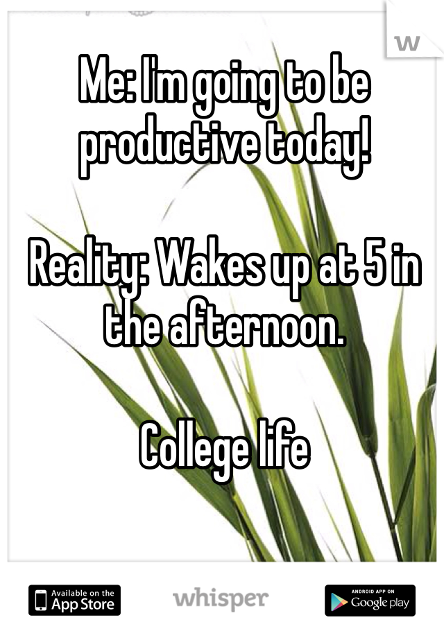 Me: I'm going to be productive today! 

Reality: Wakes up at 5 in the afternoon. 

College life
