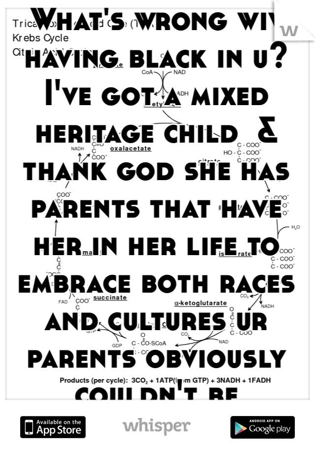 What's wrong wiv having black in u? I've got a mixed heritage child  & thank god she has parents that have her in her life to embrace both races and cultures ur parents obviously couldn't be bothered!