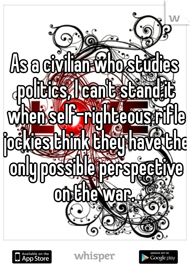 As a civilian who studies politics, I can't stand it when self-righteous rifle jockies think they have the only possible perspective on the war. 